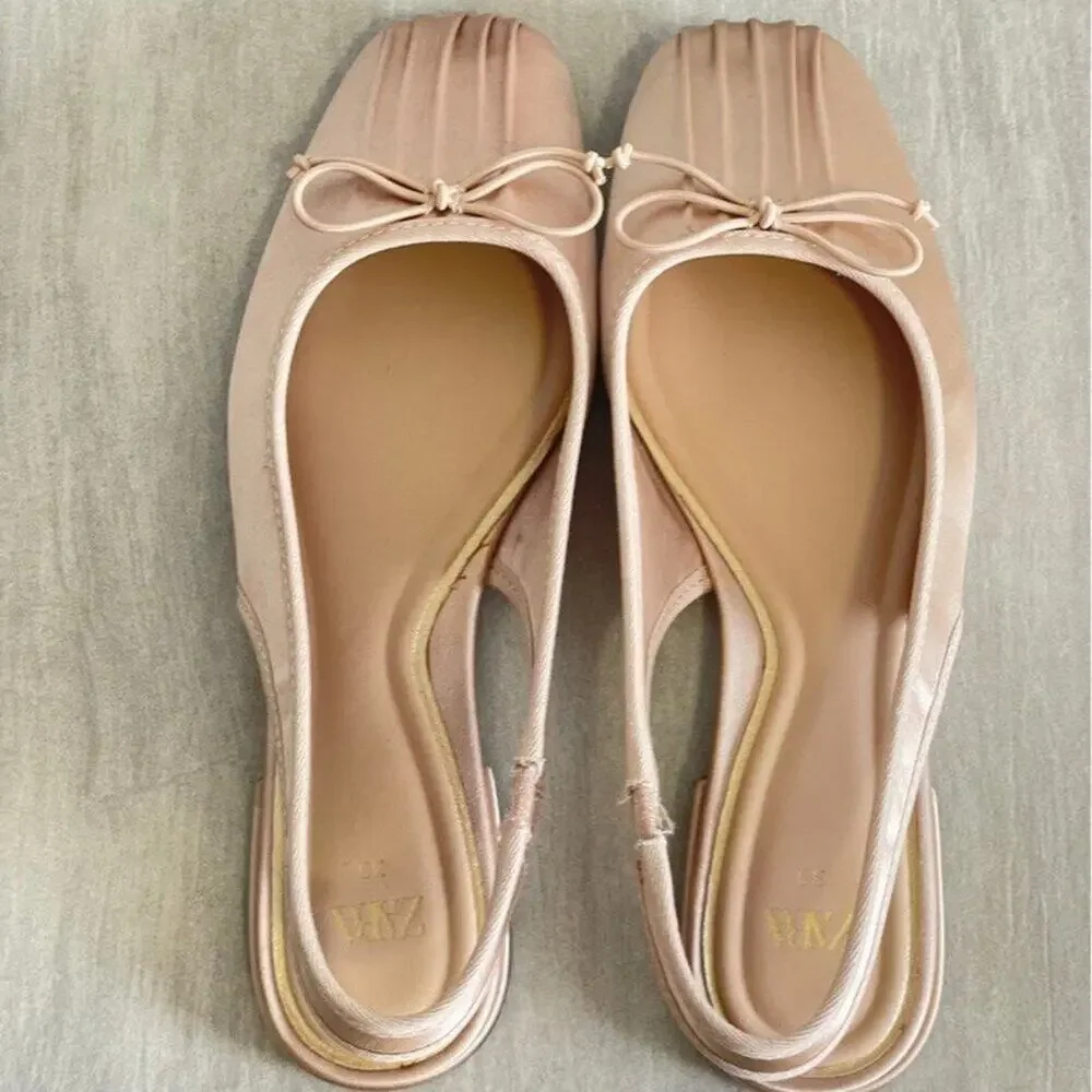 ZARA Blush Pink Satin Slingback Ballet Flats Bow Rounded Toe NWT 7.5